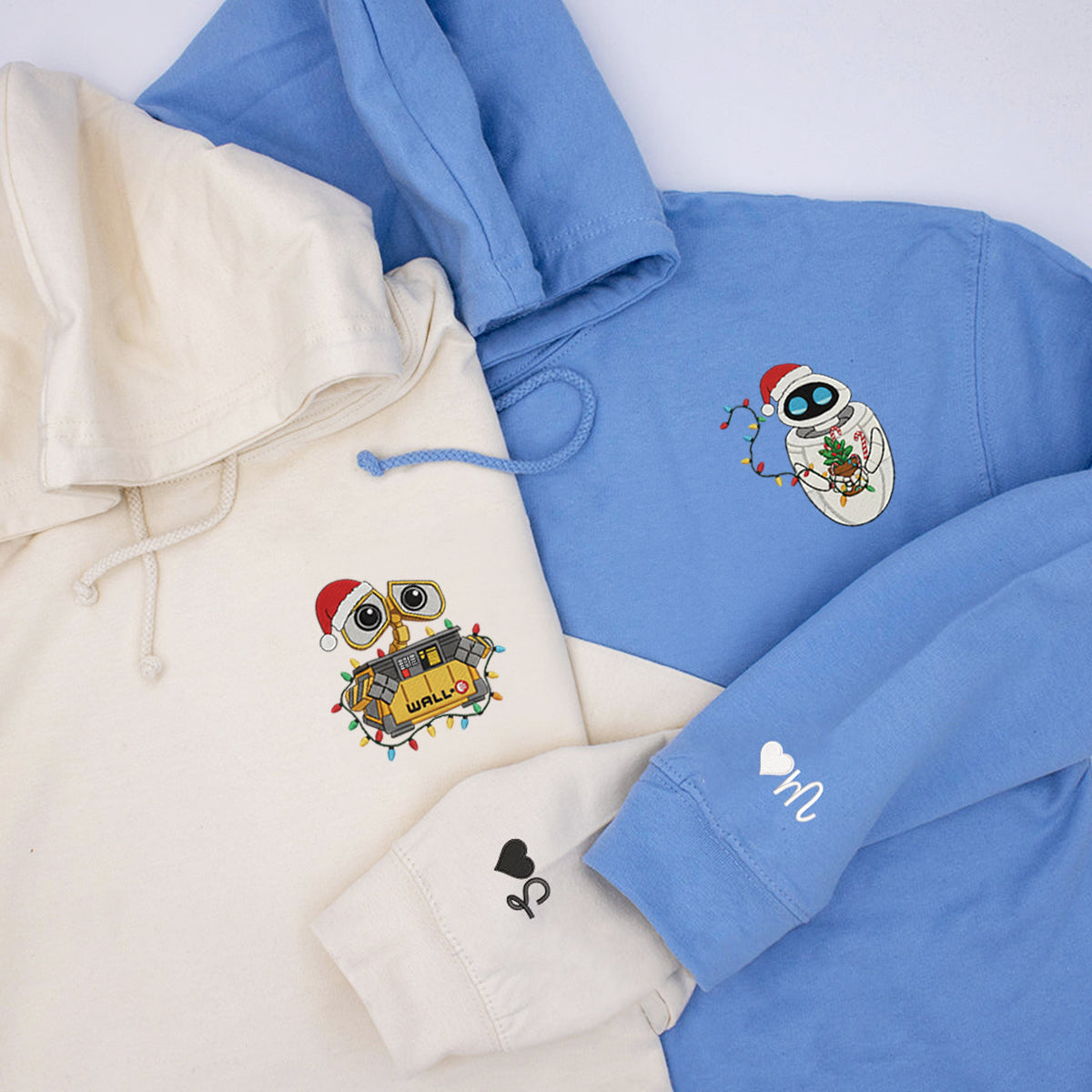 Custom Embroidered Cute Robot Pair Merry Xmas Sweatshirt, Festive Winter Style Matching for Couples