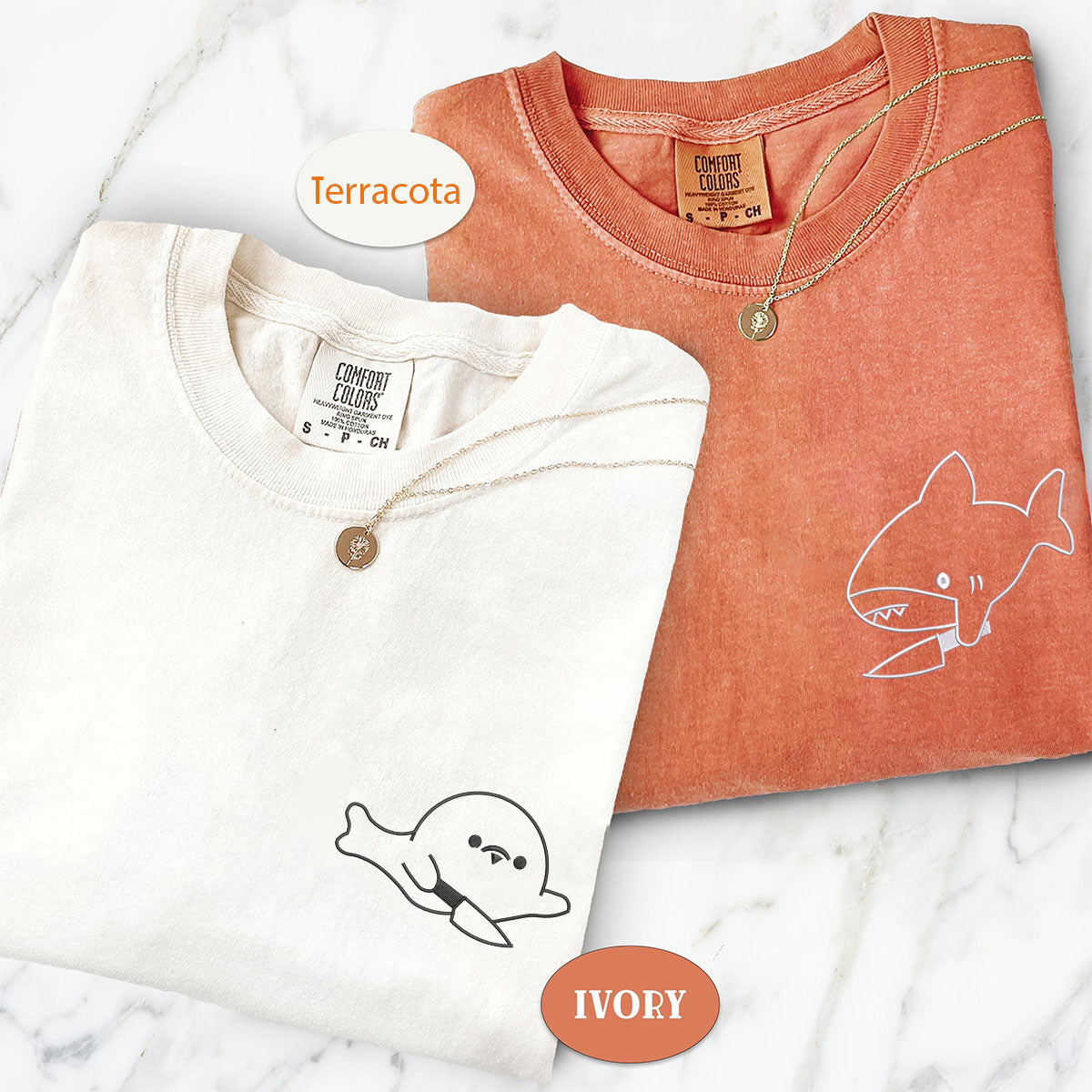 Custom Embroidered Cute Shark and Seal Matching T-shirts for Couples