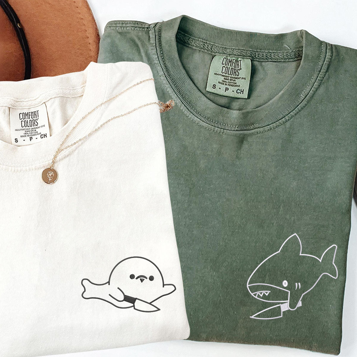 Custom Embroidered Cute Shark and Seal Matching T-shirts for Couples