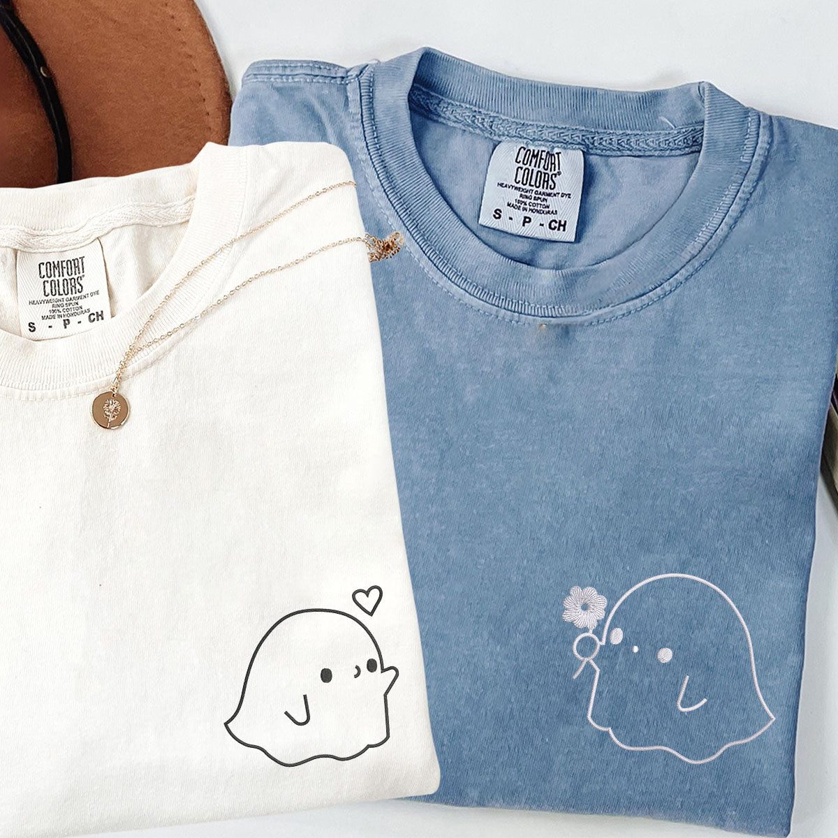 Custom Embroidered Cute Sheet Ghost Matching T-shirts for Couples