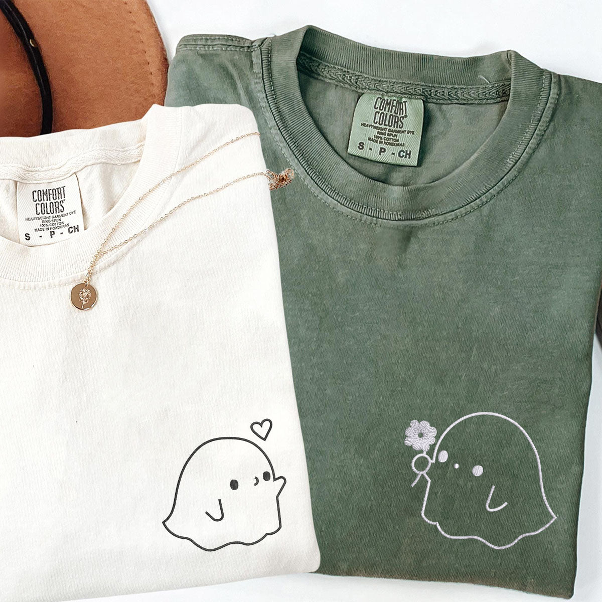 Custom Embroidered Cute Sheet Ghost Matching T-shirts for Couples