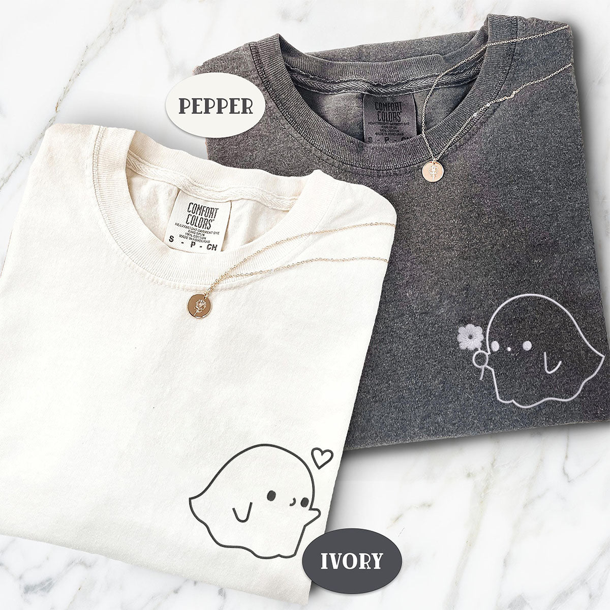 Custom Embroidered Cute Sheet Ghost Matching T-shirts for Couples