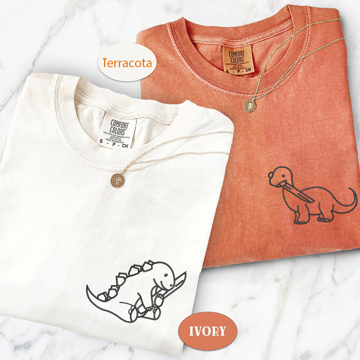 Custom Embroidered Dinosaur with Knife Matching T-shirts for Couples