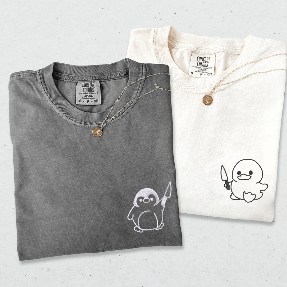 Custom Embroidered Duck and Penguin with Knife Matching T-shirts for Couples