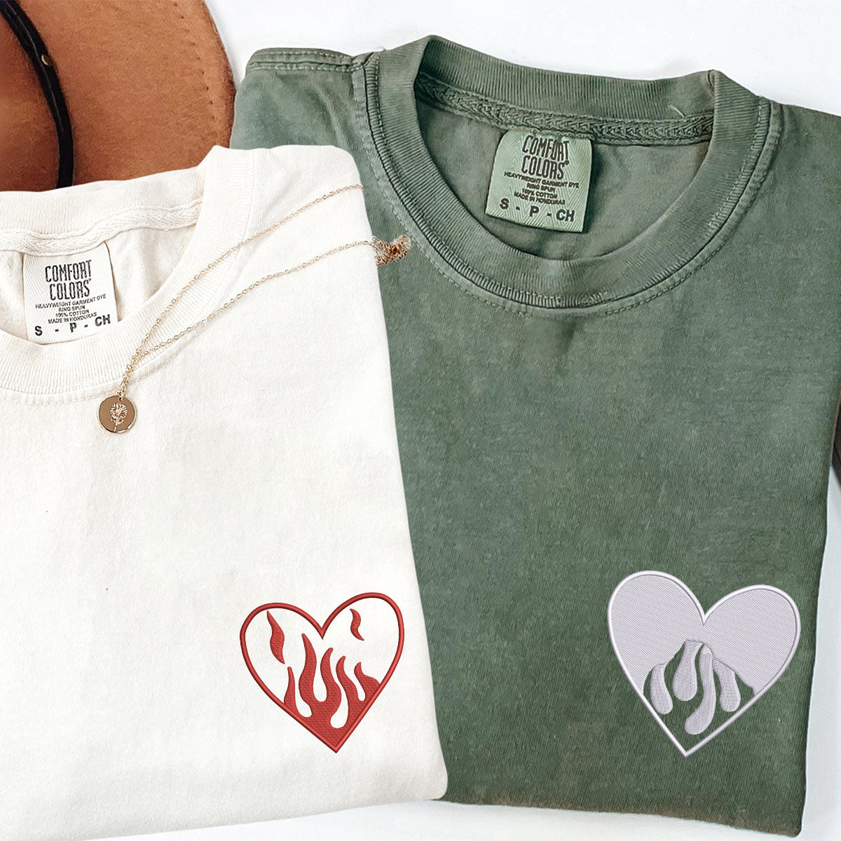 Custom Embroidered Fire Heart Matching T-shirts for Couples