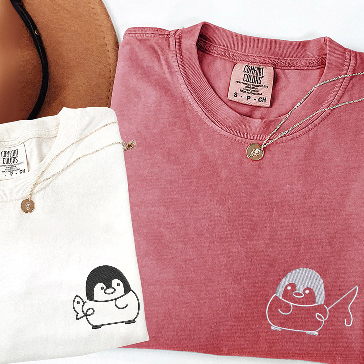 Custom Embroidered Fishing Penguin Matching T-shirts for Couples