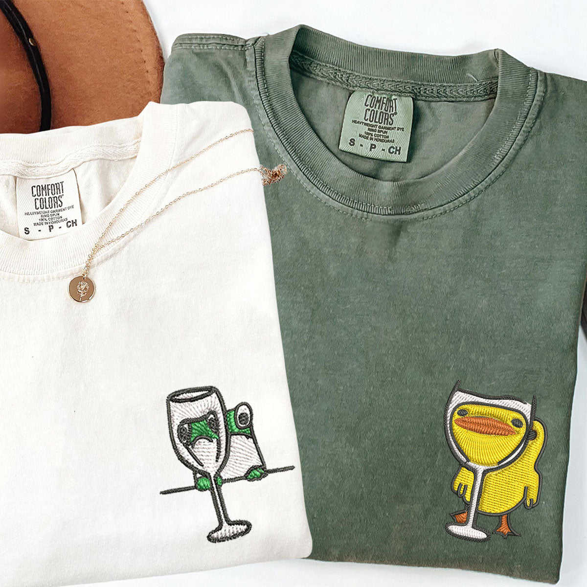 Custom Embroidered Frog and Duck Drinking Matching T-shirts for Couples