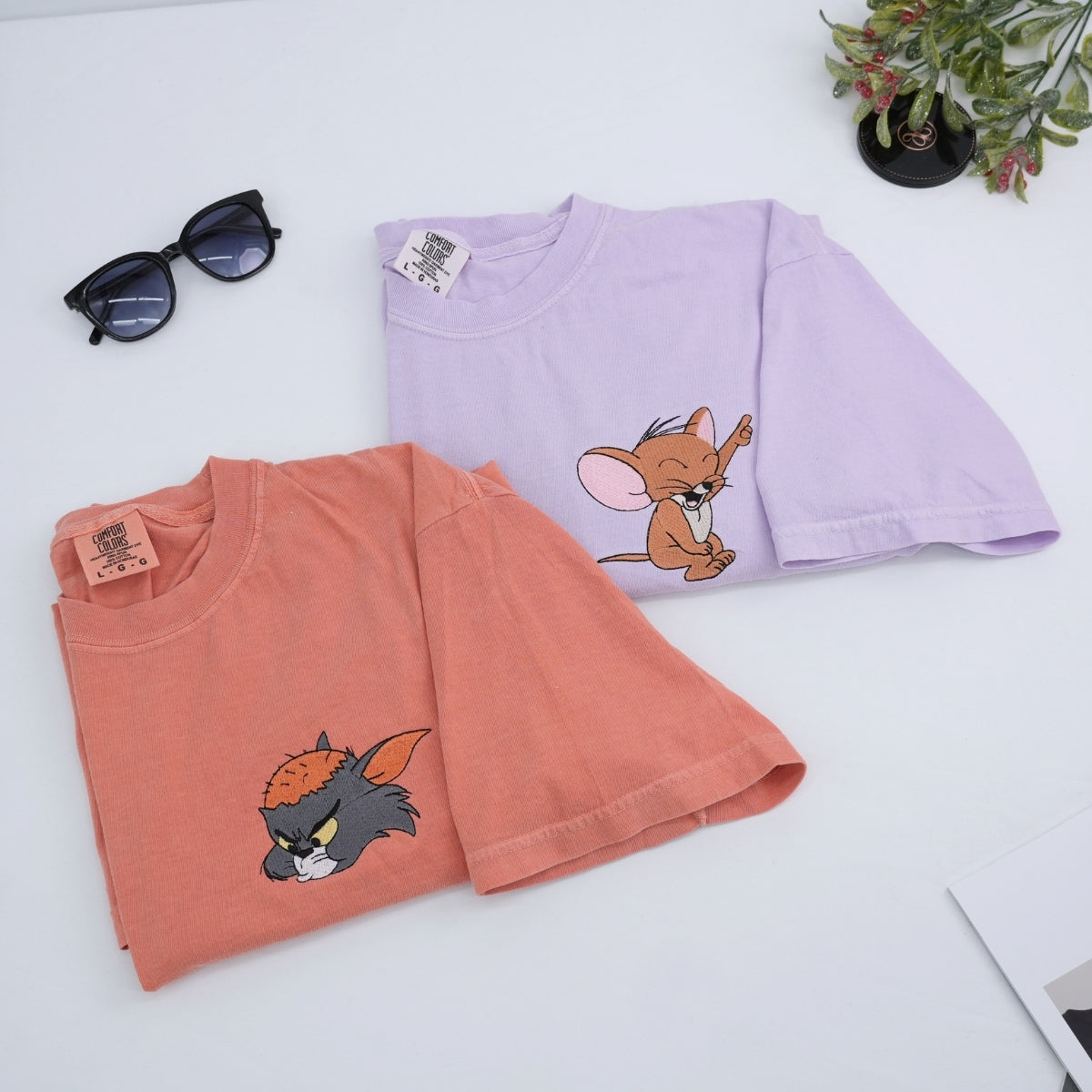 Custom Embroidered Funny Cat and Mouse Matching T-shirts for Couples