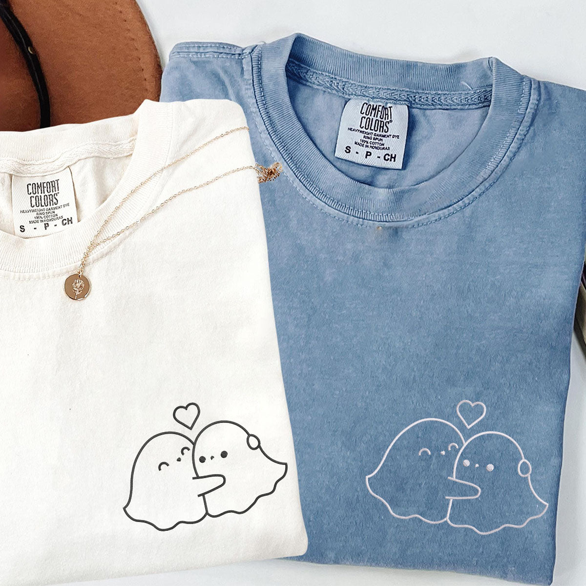 Custom Embroidered Ghost Hug Matching T-shirts for Couples