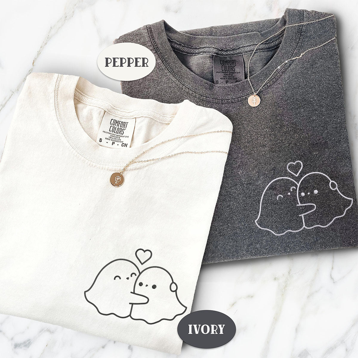 Custom Embroidered Ghost Hug Matching T-shirts for Couples