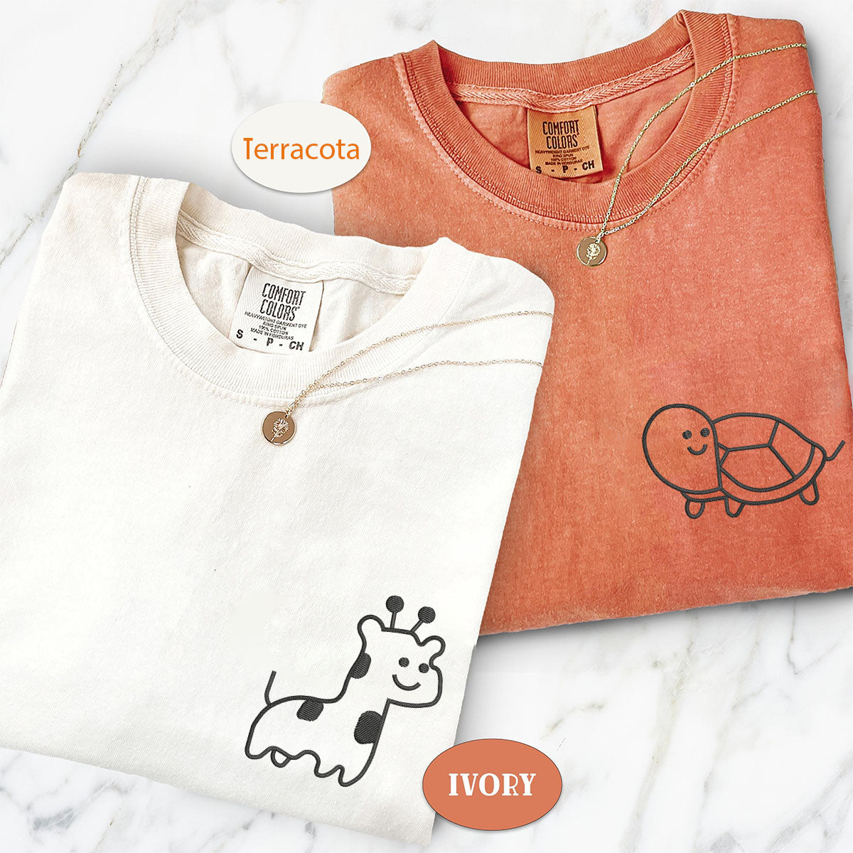 Custom Embroidered Giraffe and Turtle Matching T-shirts for Couples