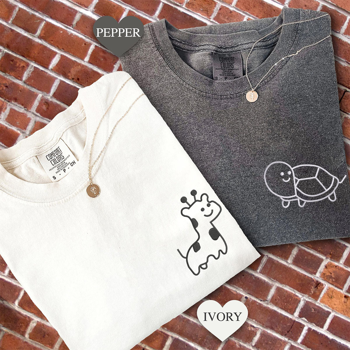 Custom Embroidered Giraffe and Turtle Matching T-shirts for Couples