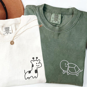 Custom Embroidered Giraffe and Turtle Matching T-shirts for Couples