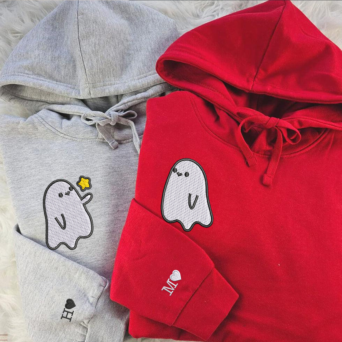 Custom Embroidered Ghost Spooky Season Couples Embroidered Hoodies V2 - mymatchhoodie