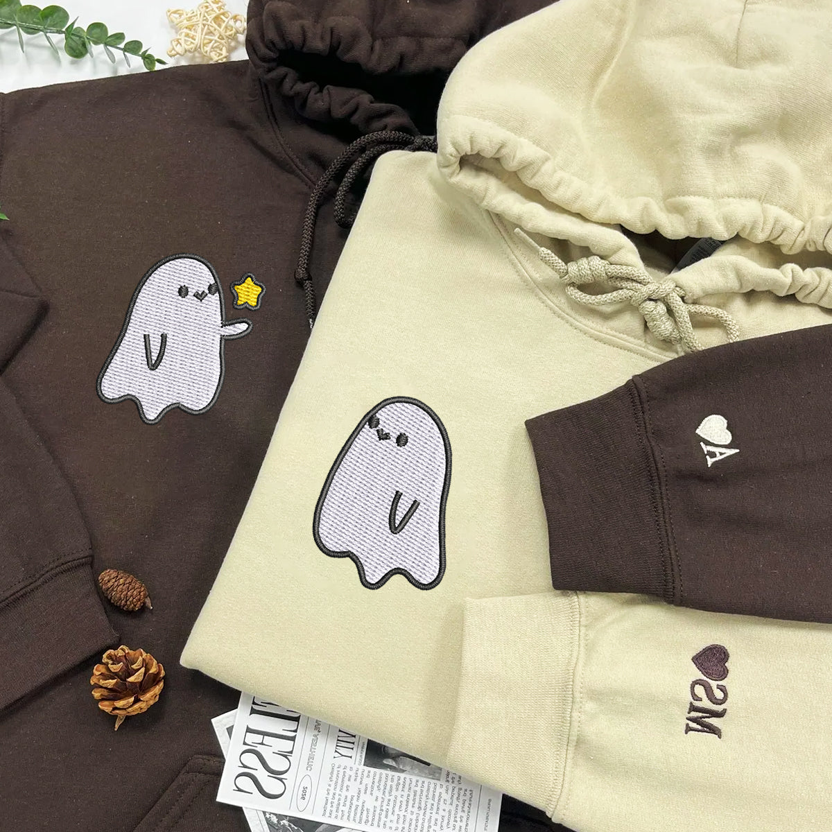 Custom Embroidered Ghost Spooky Season Couples Embroidered Hoodies V2 - mymatchhoodie