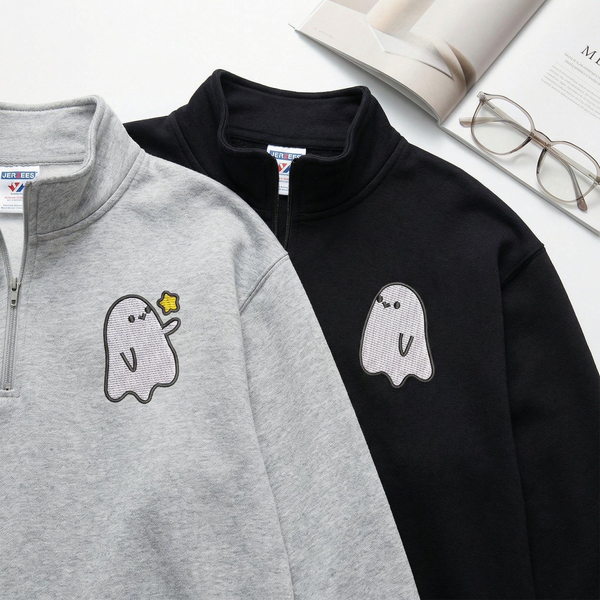 Custom Embroidered Halloween Quarter Zip Sweatshirts for Couples - Ghost Spooky Season Matching Full-Zip Hoodie