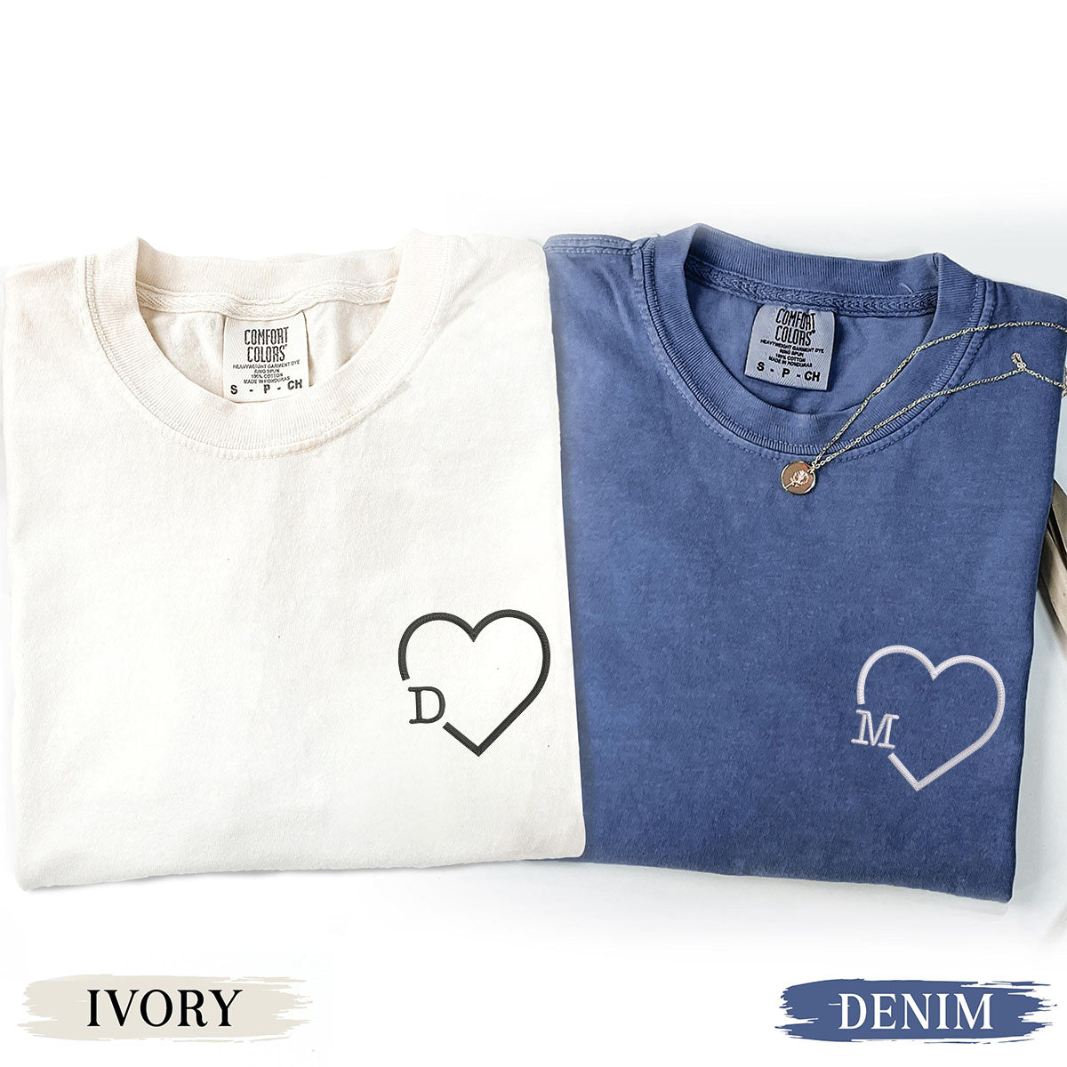 Custom Embroidered Heart Initials Matching T-shirts for Couples