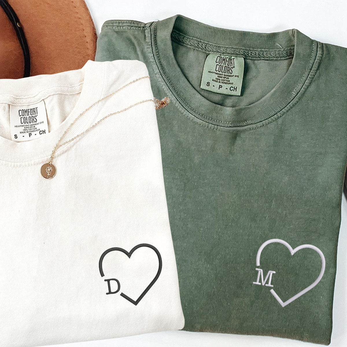 Custom Embroidered Heart Initials Matching T-shirts for Couples