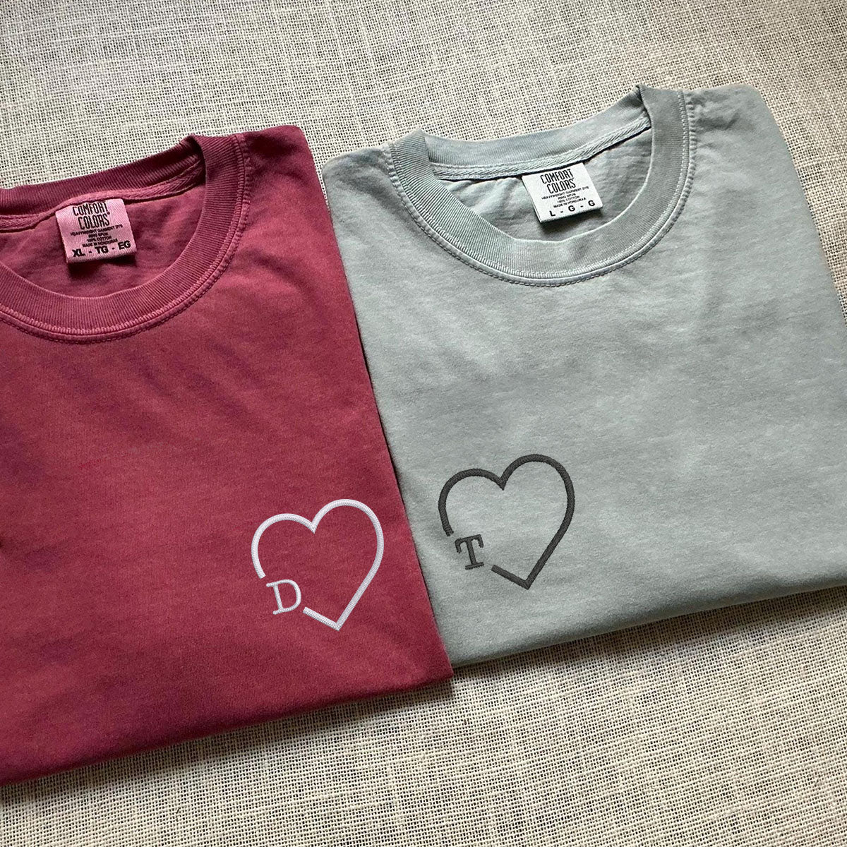 Custom Embroidered Heart Initials Matching T-shirts for Couples