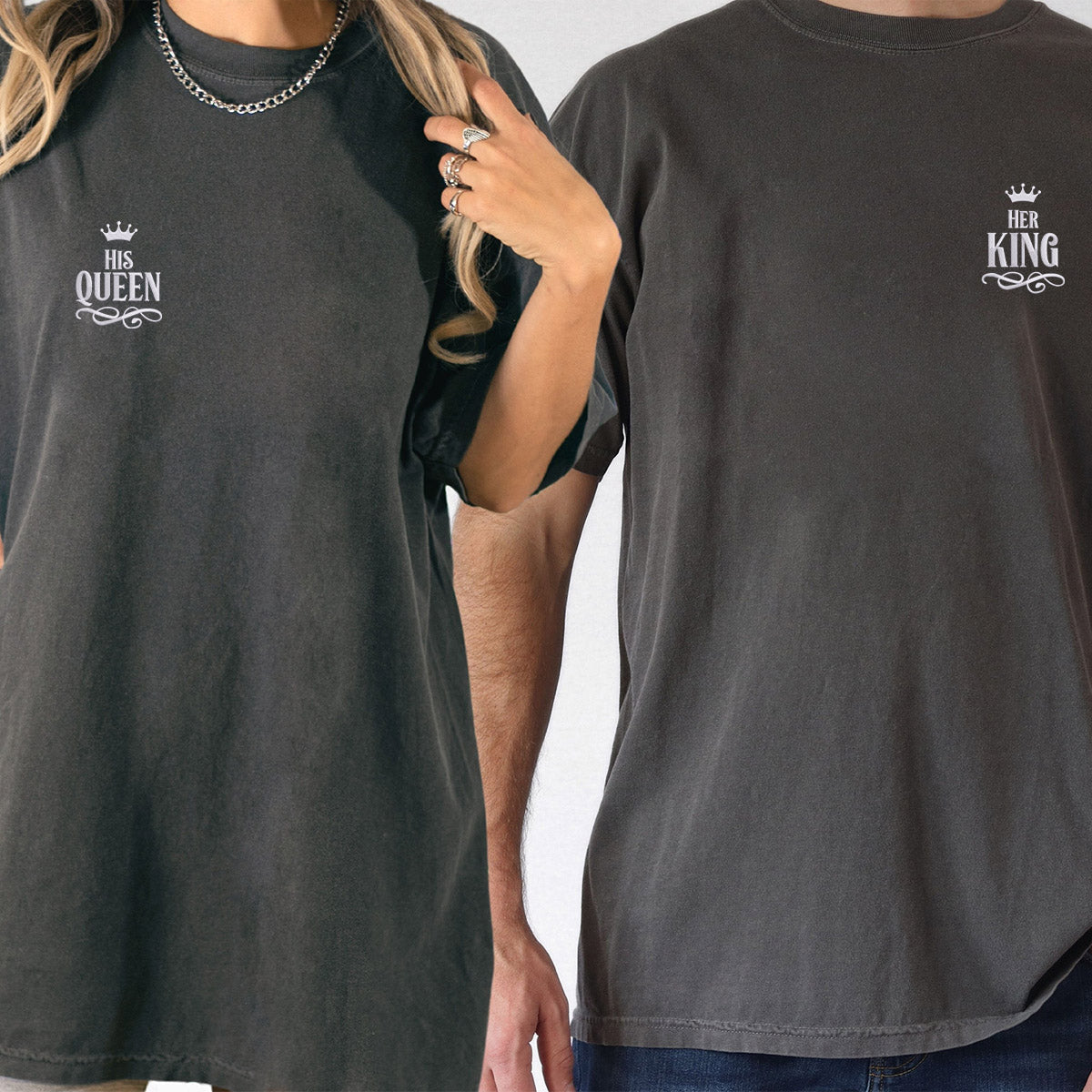 Custom Embroidered Her King x His Queen Matching T-shirts for Couples