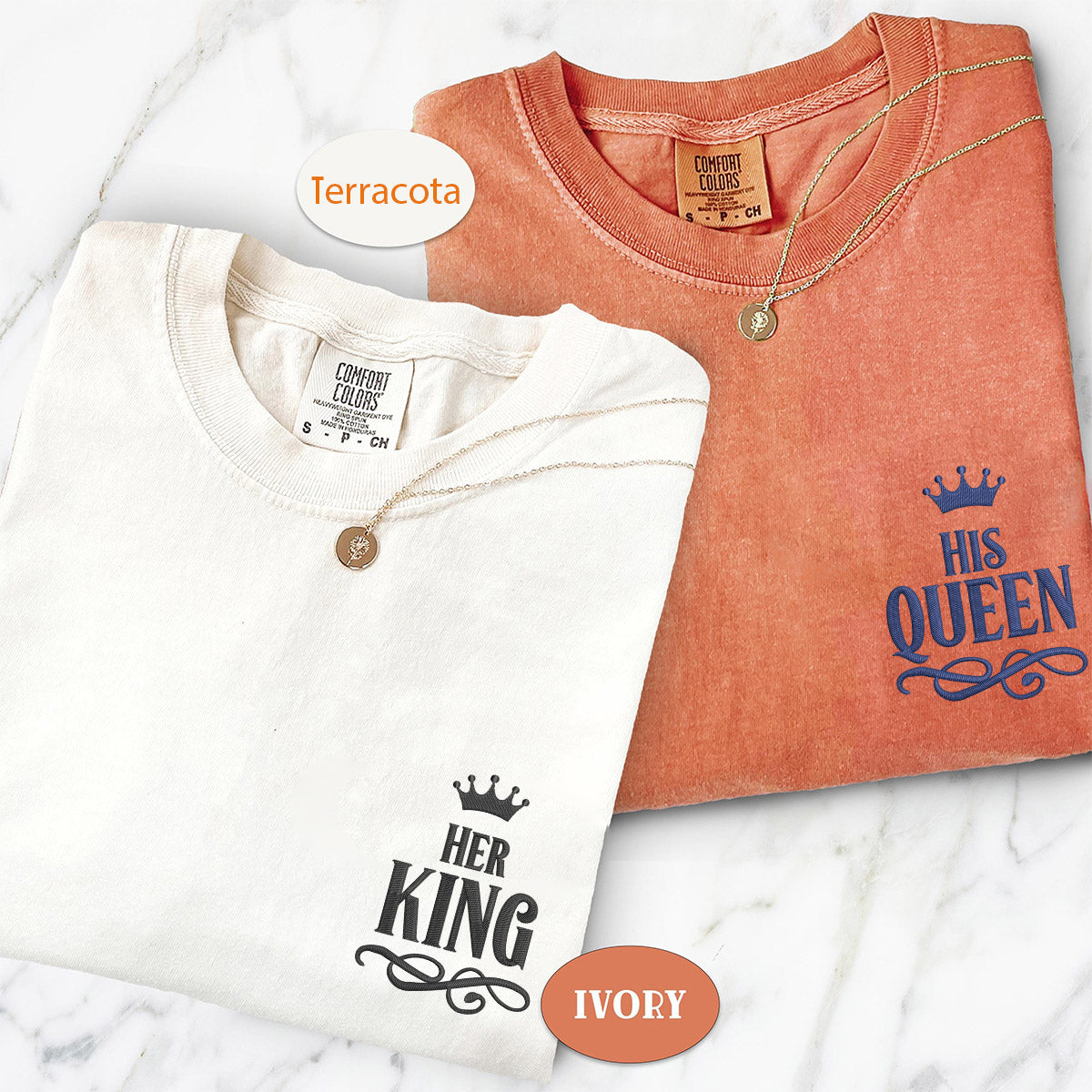Custom Embroidered Her King x His Queen Matching T-shirts for Couples