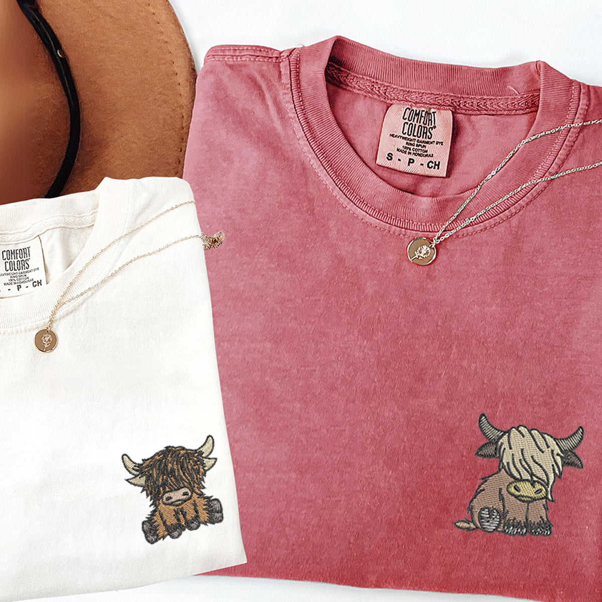 Custom Embroidered Highland Cow Matching T-shirts for Couples