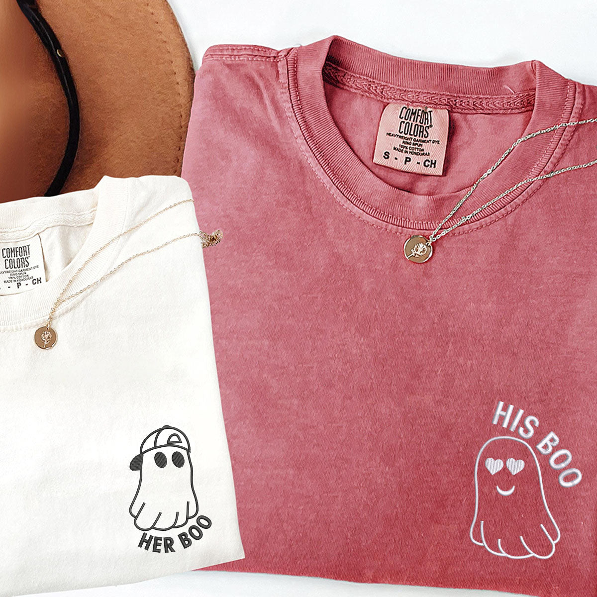 Custom Embroidered His Boo Her Boo Matching T-shirts for Couples