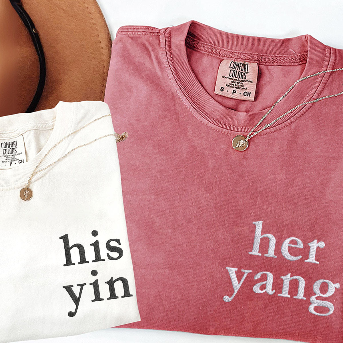 Custom Embroidered His Yin Her Yang Matching T-shirts for Couples