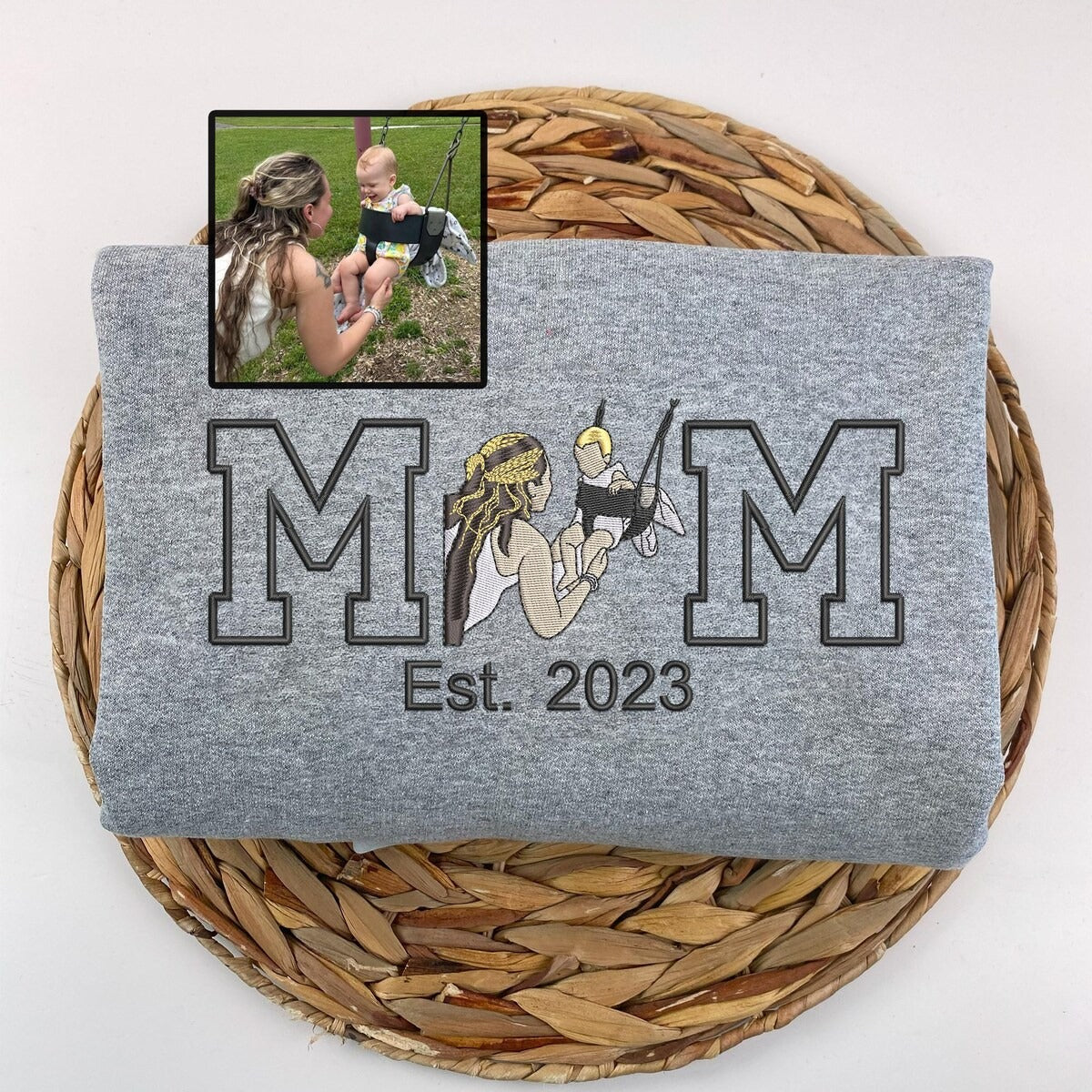 Custom Embroidered Hoodie Mama and Kids Portrait, Varsity Hoodie, Custom Embroidery Sweater For Mom