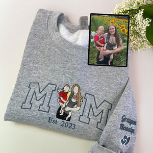 Custom Embroidered Hoodie Mama and Kids Portrait, Varsity Hoodie, Custom Embroidery Sweater For Mom