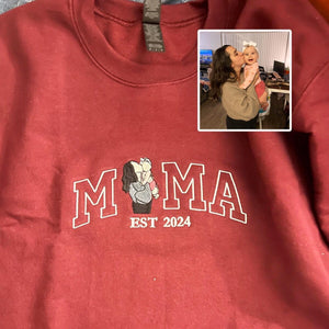 Custom Embroidered Hoodie Mama and Kids Portrait, Varsity Hoodie, Custom Embroidery Sweater For Mom