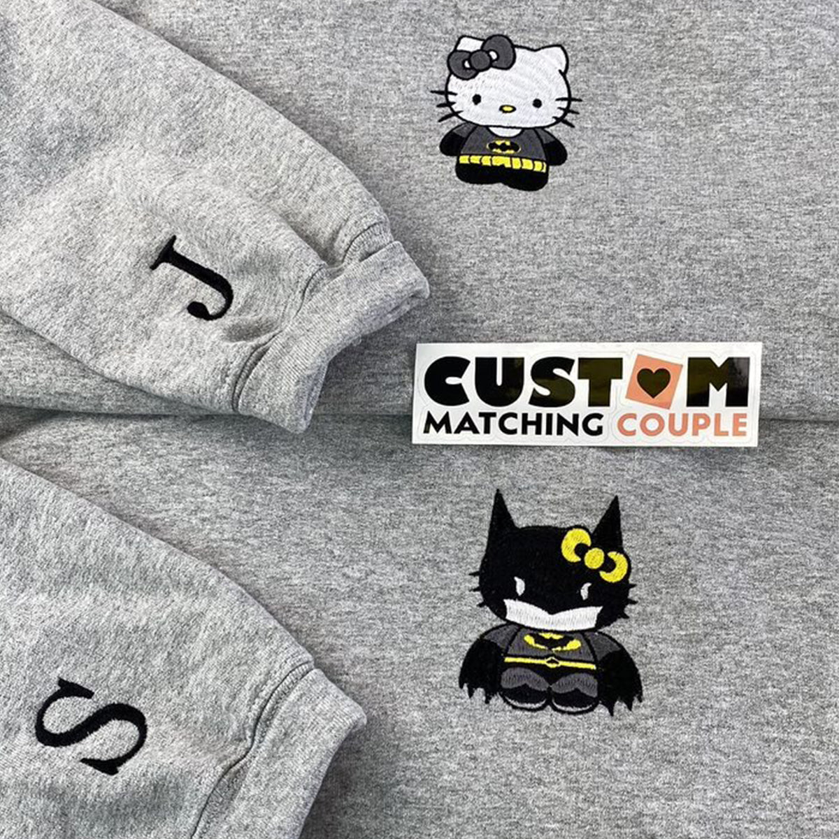 Custom Embroidered Sweatshirts For Couples, Custom Matching Couple Sweatshirt, Cartoon Bat x Kitten Couples Embroidered Sweater