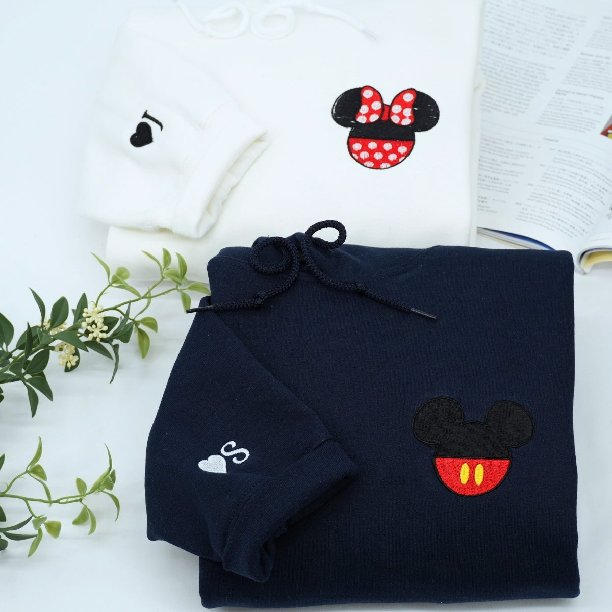 Custom Embroidered Hoodies For Couples, Custom Matching Couple Hoodie, Cartoon Mouse Happy Couples Embroidered Hoodie