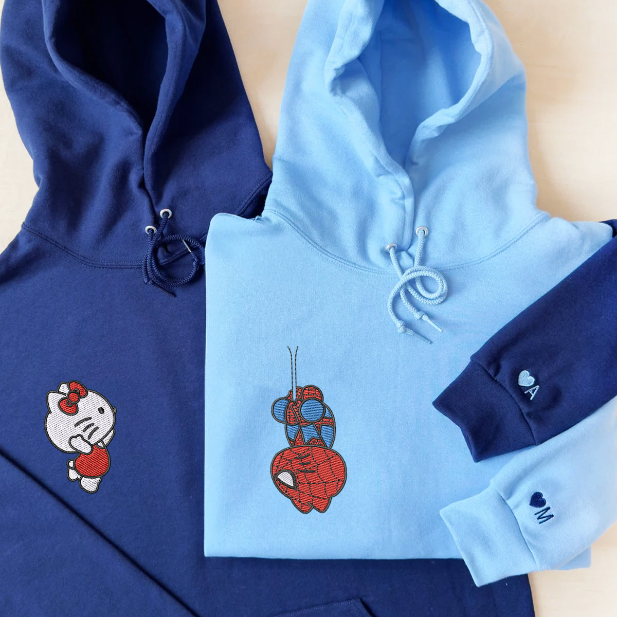 Custom Embroidered Hoodies For Couples, Custom Matching Couple Hoodie, Cartoon Spider and Kitten Couples Embroidered Hoodie V2