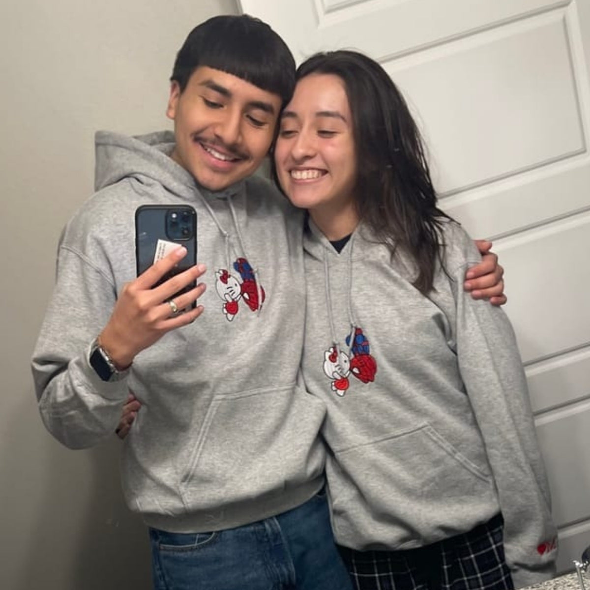 Custom Embroidered Sweatshirts For Couples, Custom Matching Couple Sweatshirt, Cartoon Spider and Kitten Couples Embroidered Crewneck Sweater V2
