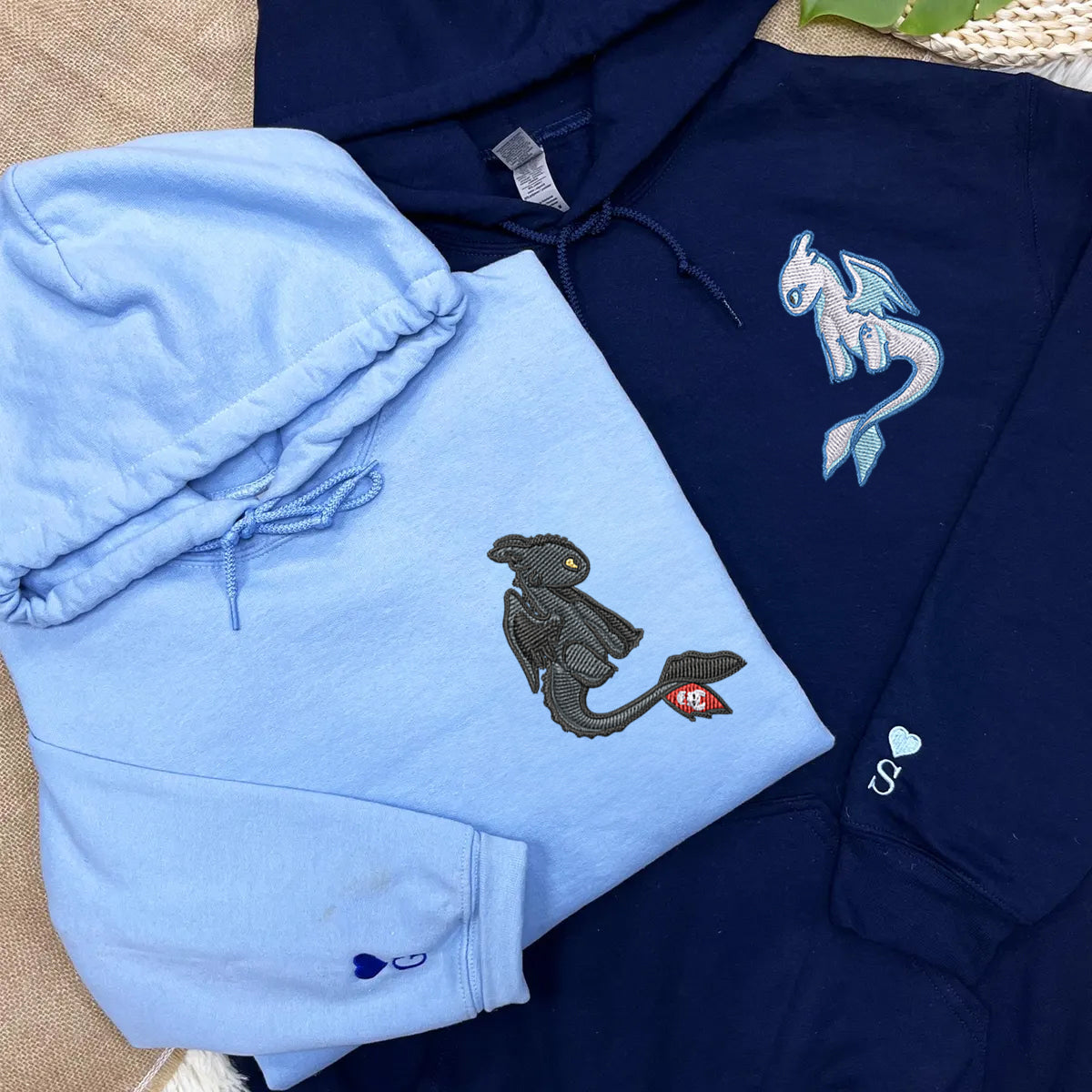 Custom Embroidered Hoodies For Couples, Custom Matching Couple Hoodie, Cartoon Cute Black Dragon x White Dragon Couples Embroidered Hoodie