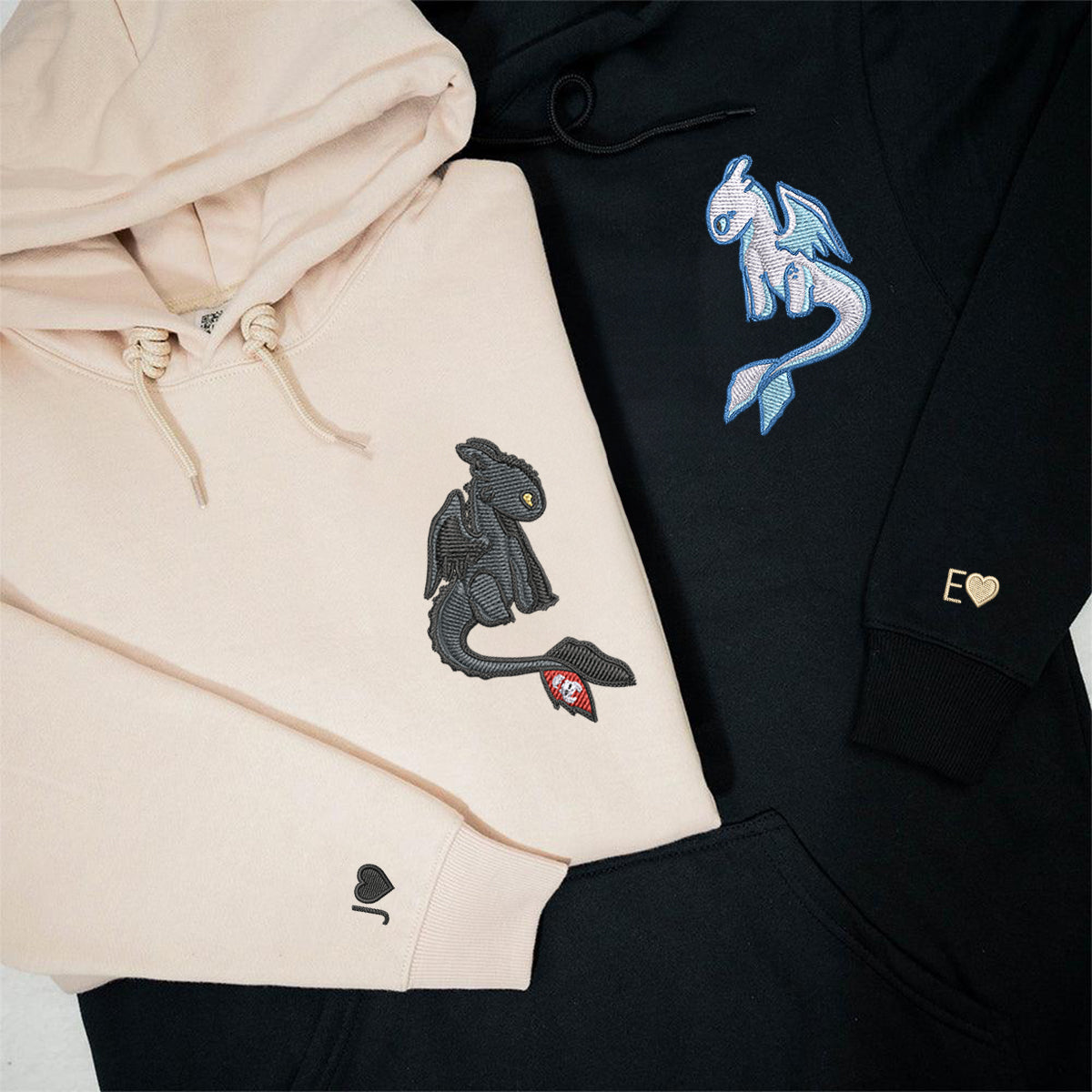 Custom Embroidered Hoodies For Couples, Custom Matching Couple Hoodie, Cartoon Cute Black Dragon x White Dragon Couples Embroidered Hoodie