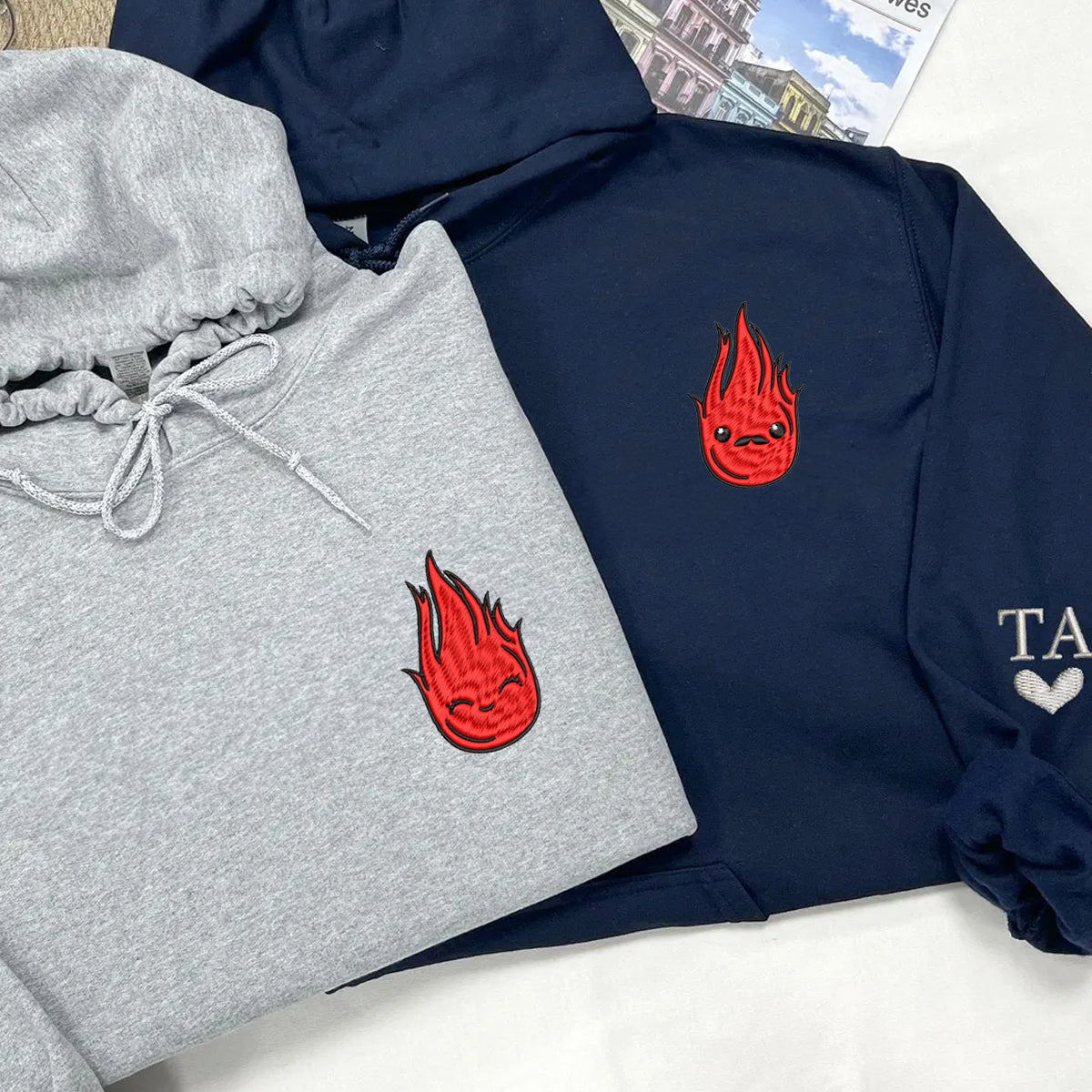 Custom Embroidered Hoodies For Couples, Custom Matching Couple Hoodie, Flame Couples Embroidered Hoodie