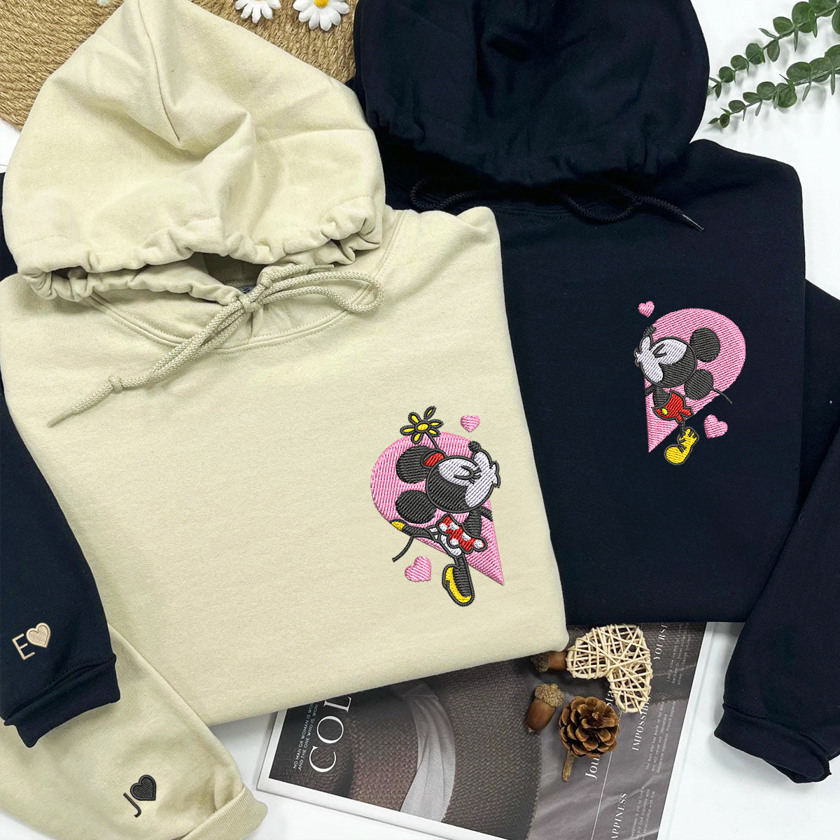 Custom Embroidered Hoodies For Couples, Custom Matching Couple Hoodie, Mouse Heart Cartoon Couples Embroidered Hoodie