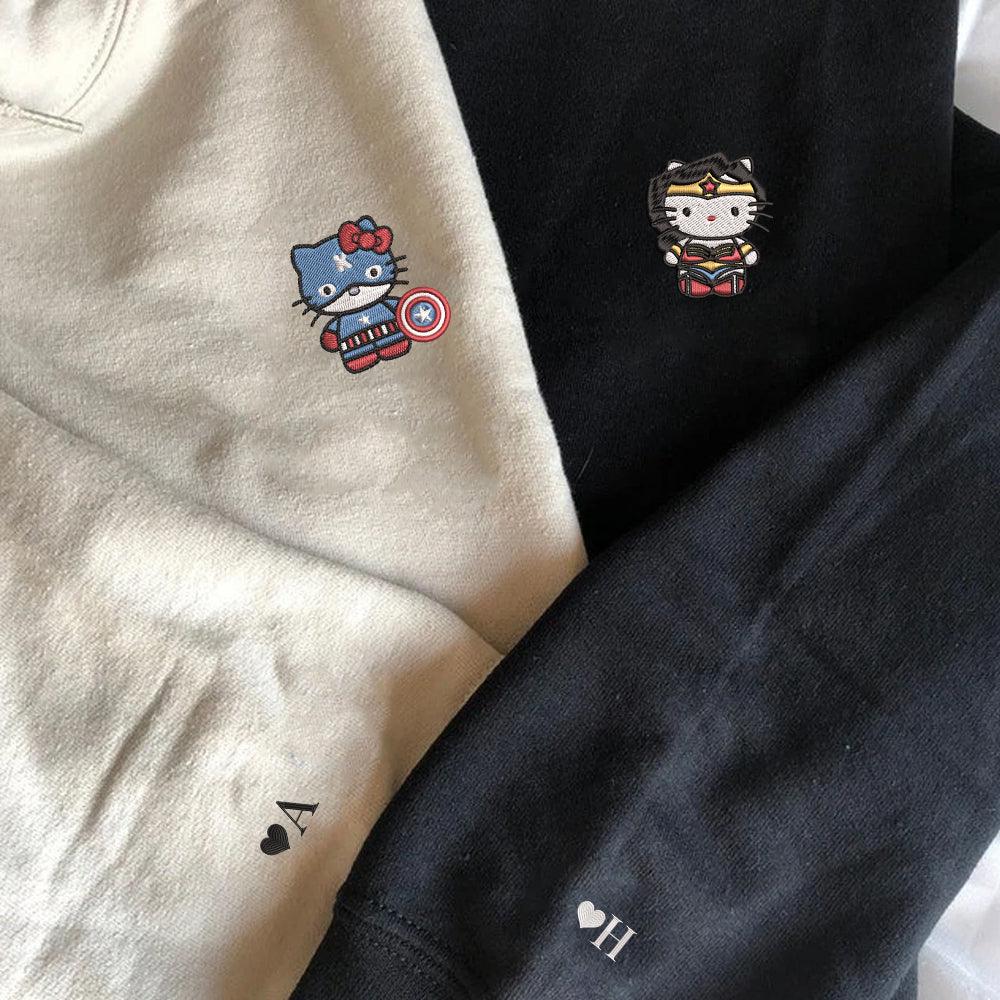 Custom Embroidered Hoodies For Couples, Custom Matching Couple Hoodies, Superhero Kitten Couples Embroidered Hoodies