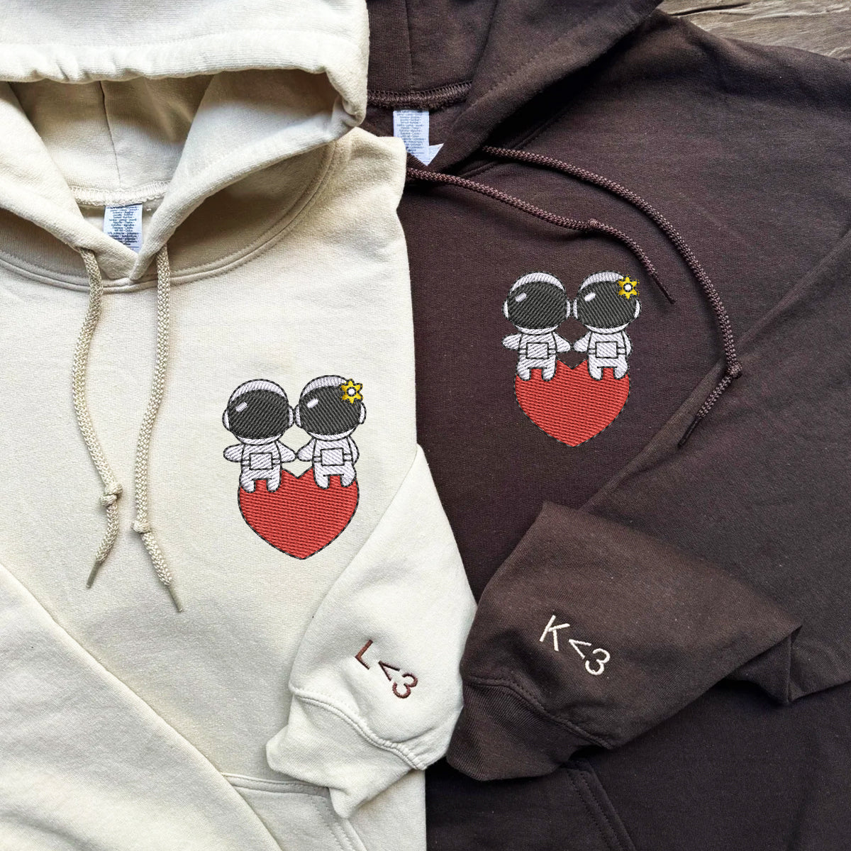 Custom Embroidered Hoodies For Couples, Cute Astronaut Couples Embroidered Hoodie