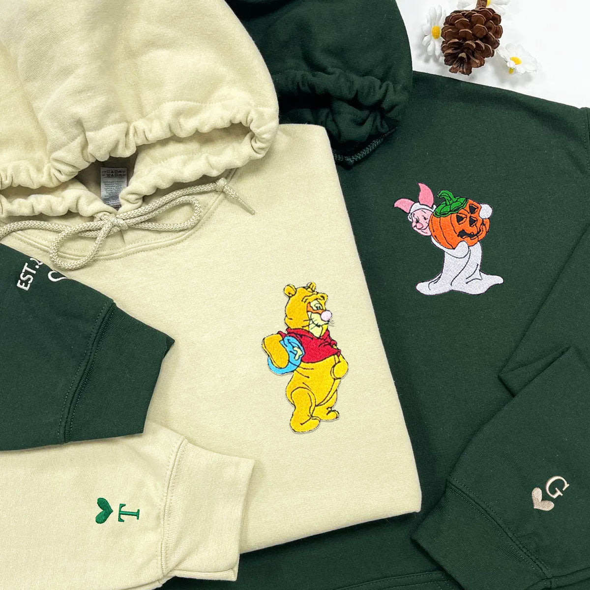 Custom Embroidered Hoodies For Couples, Cute Bear and Pig Halloween Couples Embroidered Hoodie