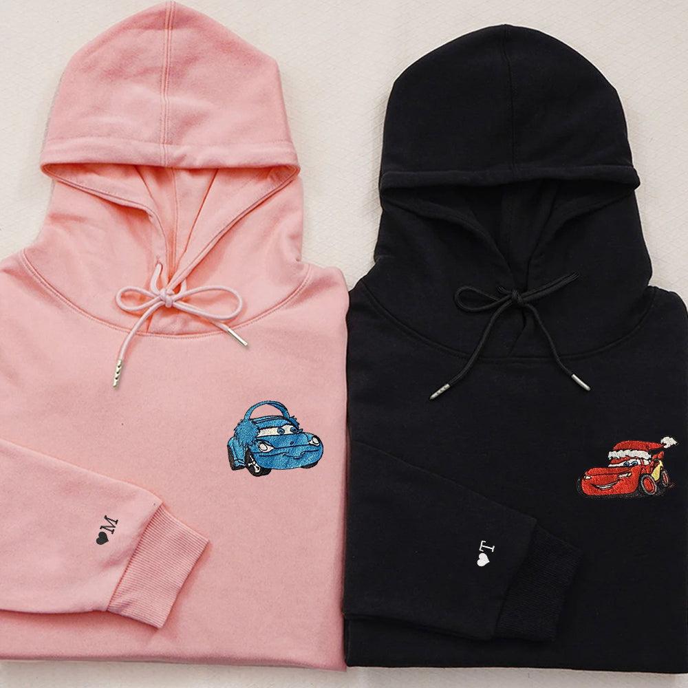 Custom Embroidered Hoodies For Couples, Cute Cartoon Car Christmas Couples Embroidered Hoodie