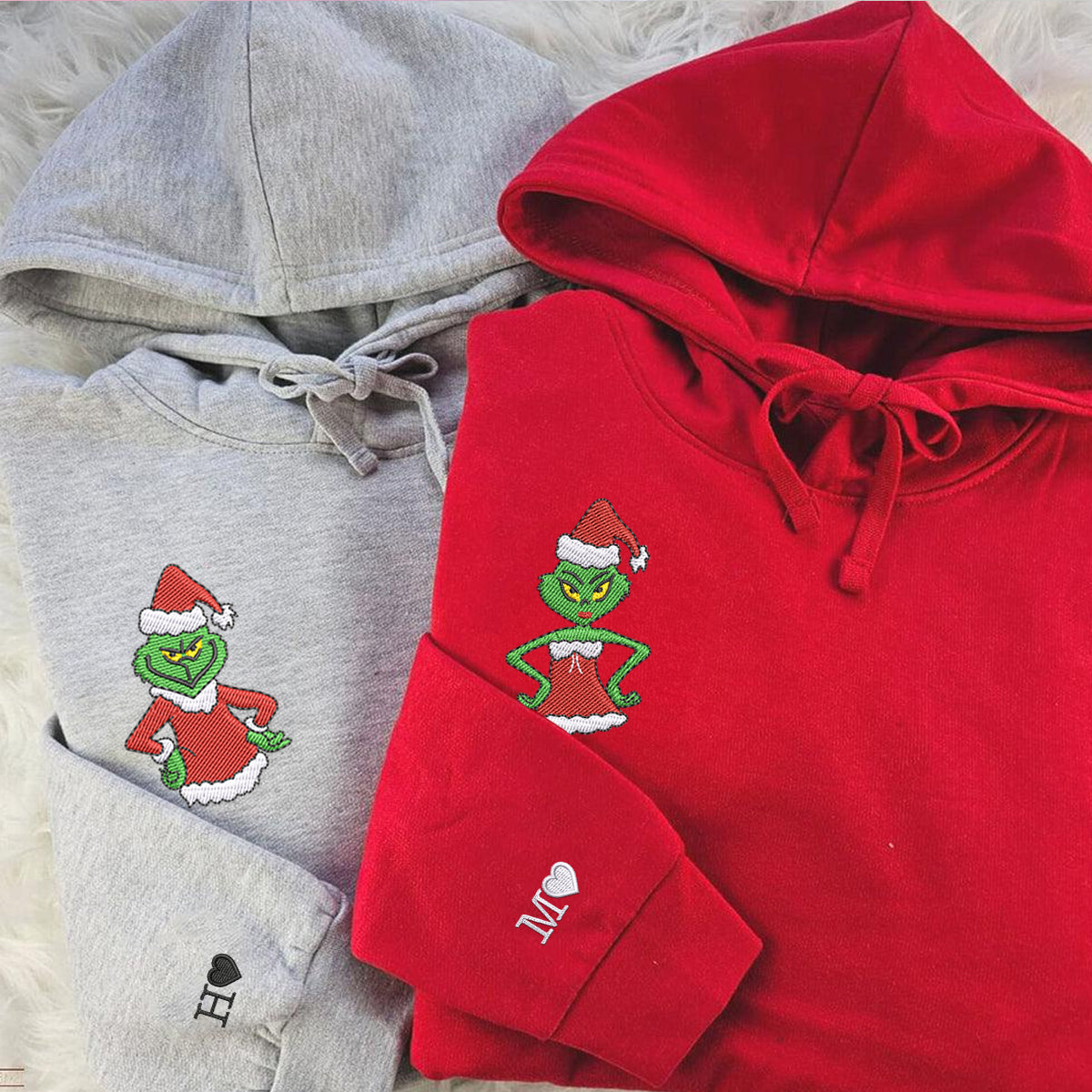 Custom Embroidered Hoodies For Couples, Personalized Couple Hoodies, His Her Hoodies, Cute Green Christmas Cartoon Couples Embroidered Hoodie