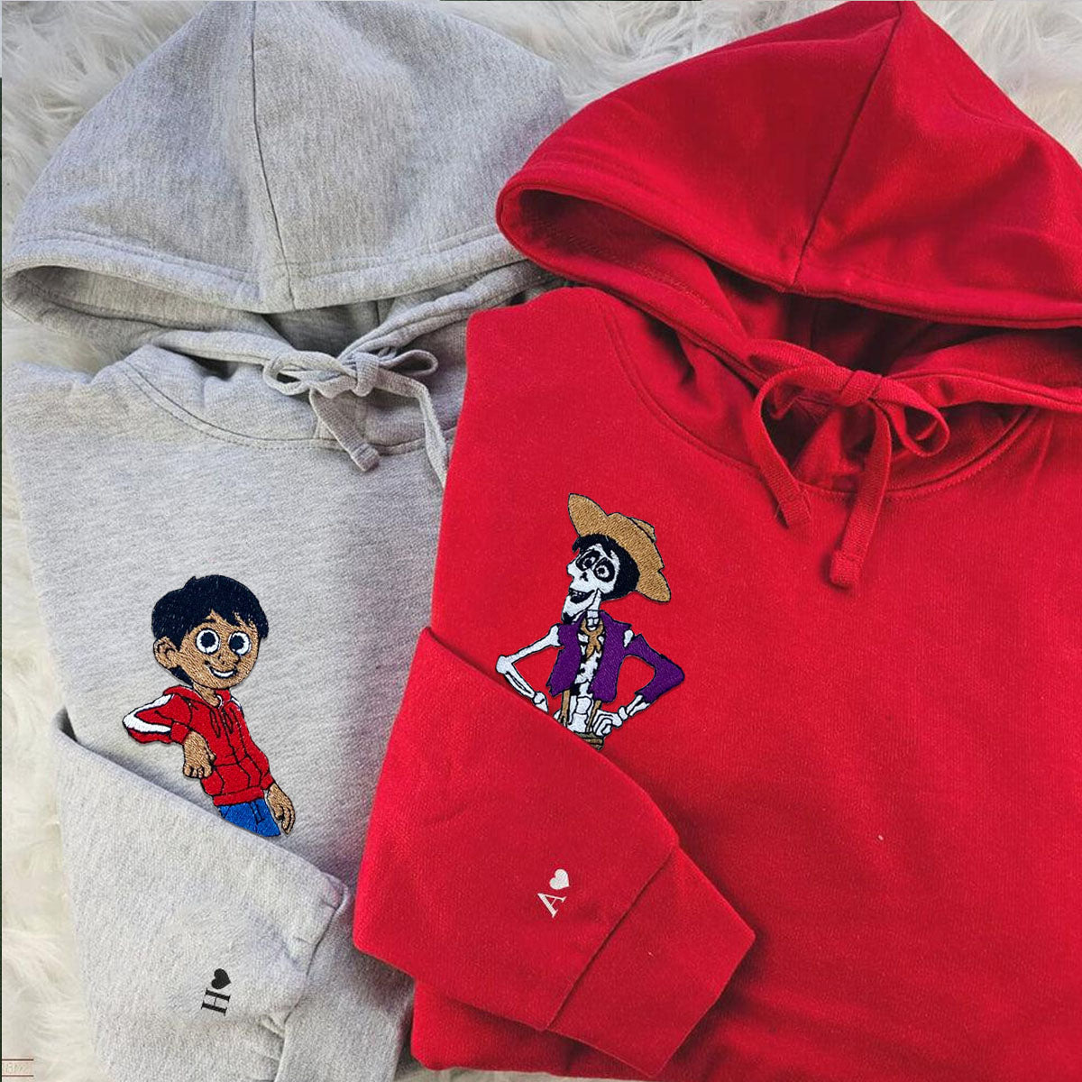 Custom Embroidered Hoodies & Sweatshirts for Couples, Cute Day of the Dead-Inspired Character Matching Set