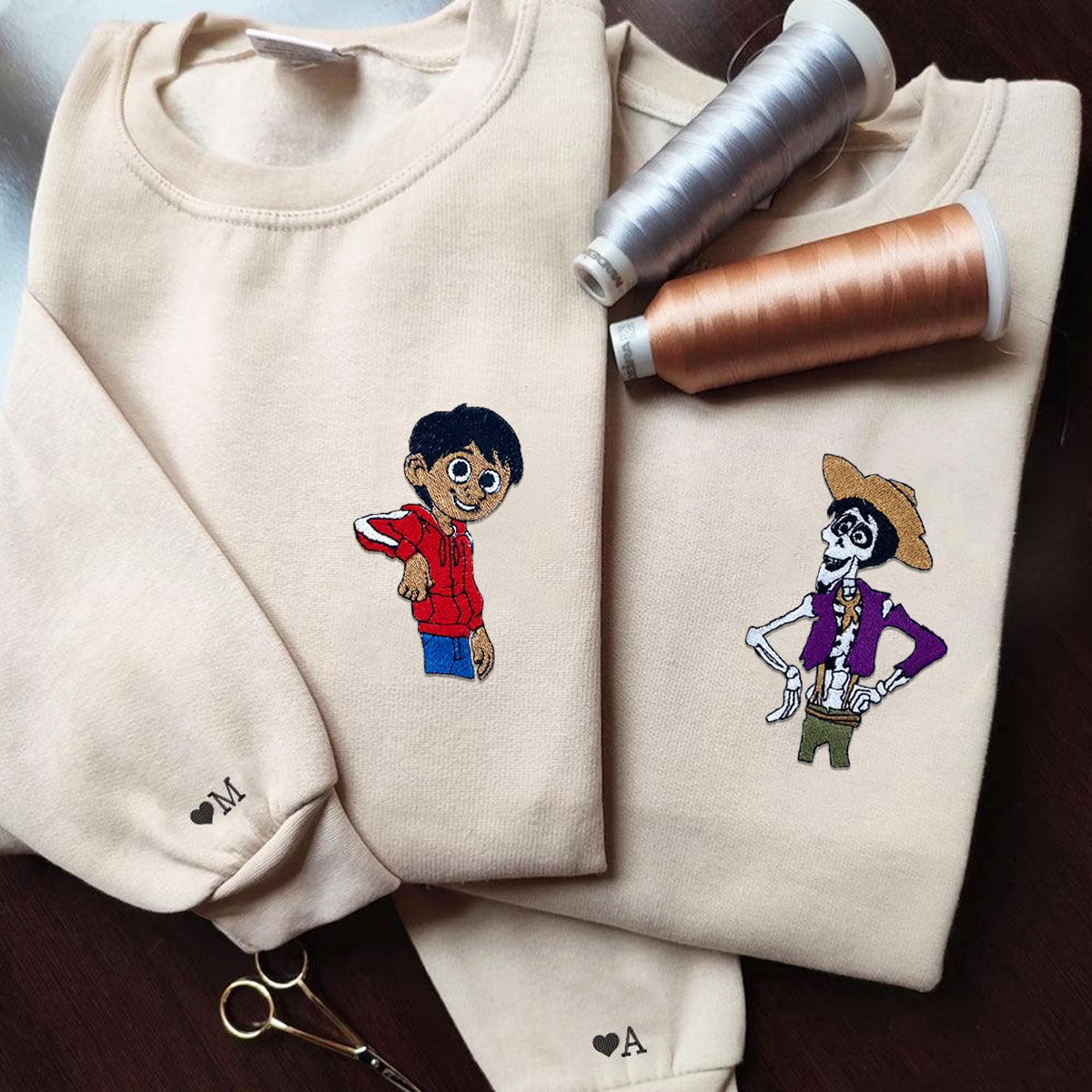 Custom Embroidered Hoodies & Sweatshirts for Couples, Cute Day of the Dead-Inspired Character Matching Set
