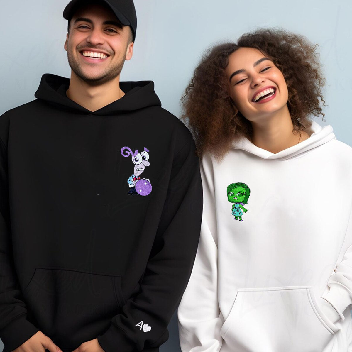 Custom Embroidered Hoodies & Sweatshirts for Couples with Initials, Colorful Emotion-Inspired Cartoon Duo Set