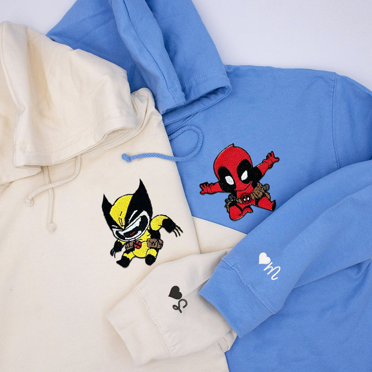 Custom Embroidered Hoodies & Sweatshirts for Couples with Initials, Energetic Super-Inspired Cartoon Duo Set