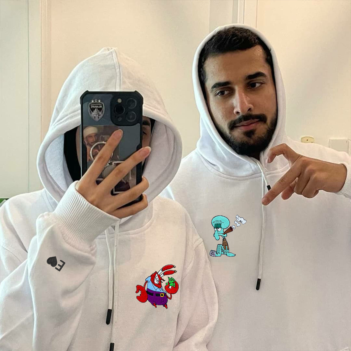 Custom Embroidered Hoodies & Sweatshirts for Couples with Initials, Humorous Sea Creature Cartoon Couple Design