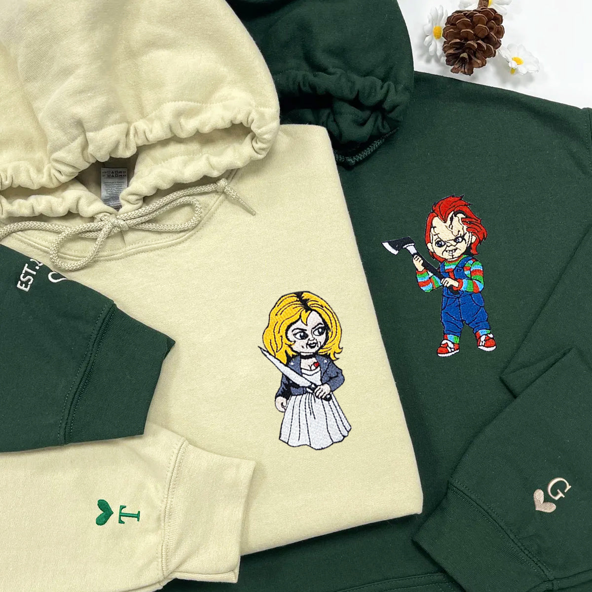 Custom Embroidered Hoodies for Couples, Horror Doll Duo Halloween Hoodie